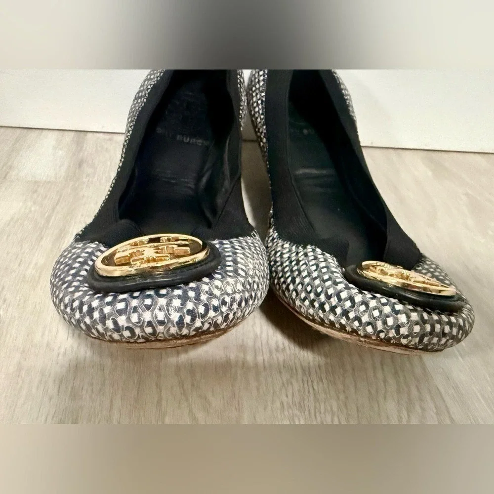Tory Burch Ballet Flats Black White Checkered Logo Emblem Slip On Women US 5M